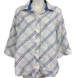 Chicos No Iron Stretch Button Up 3/4 Sleeve Cotton Blue White Shirt 2P/ 12/ 14